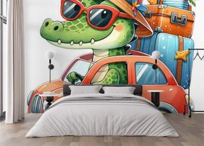 Cute crocodile driving a car packed with luggage for a summer holiday adventure watercolor clipart .AI Generate Wall mural